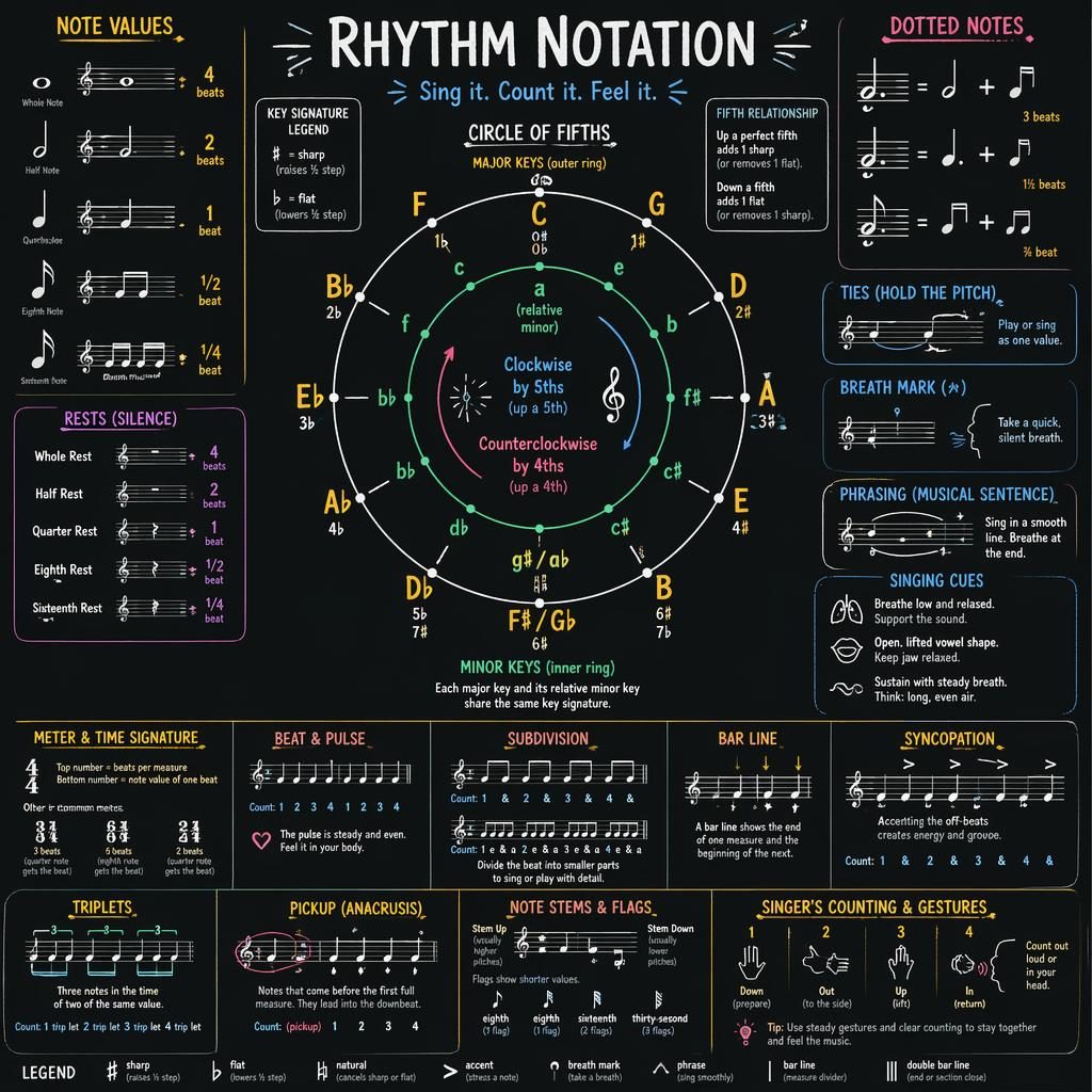 Dark chalk-style music theory poster with circle of fifths, rhythm notation callouts, staff examples, and singing cues.