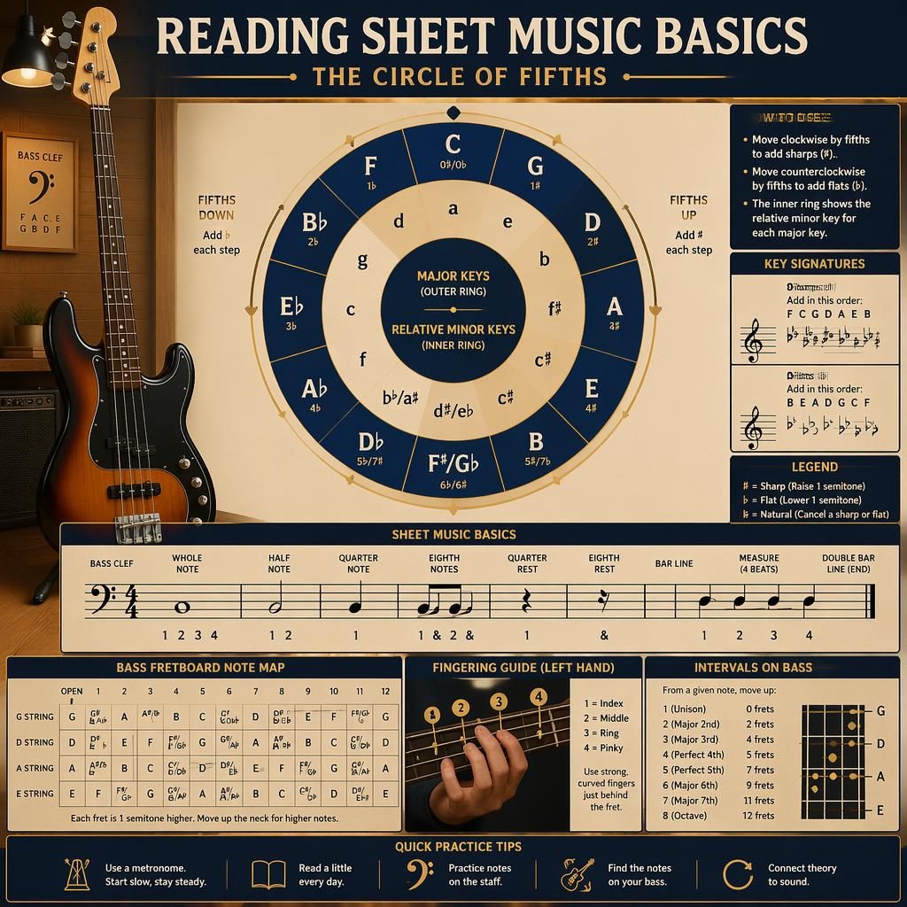 Music theory infographic with a circle of fifths, bass guitar, staff notation, rests, measures, and bass scale tab visuals.
