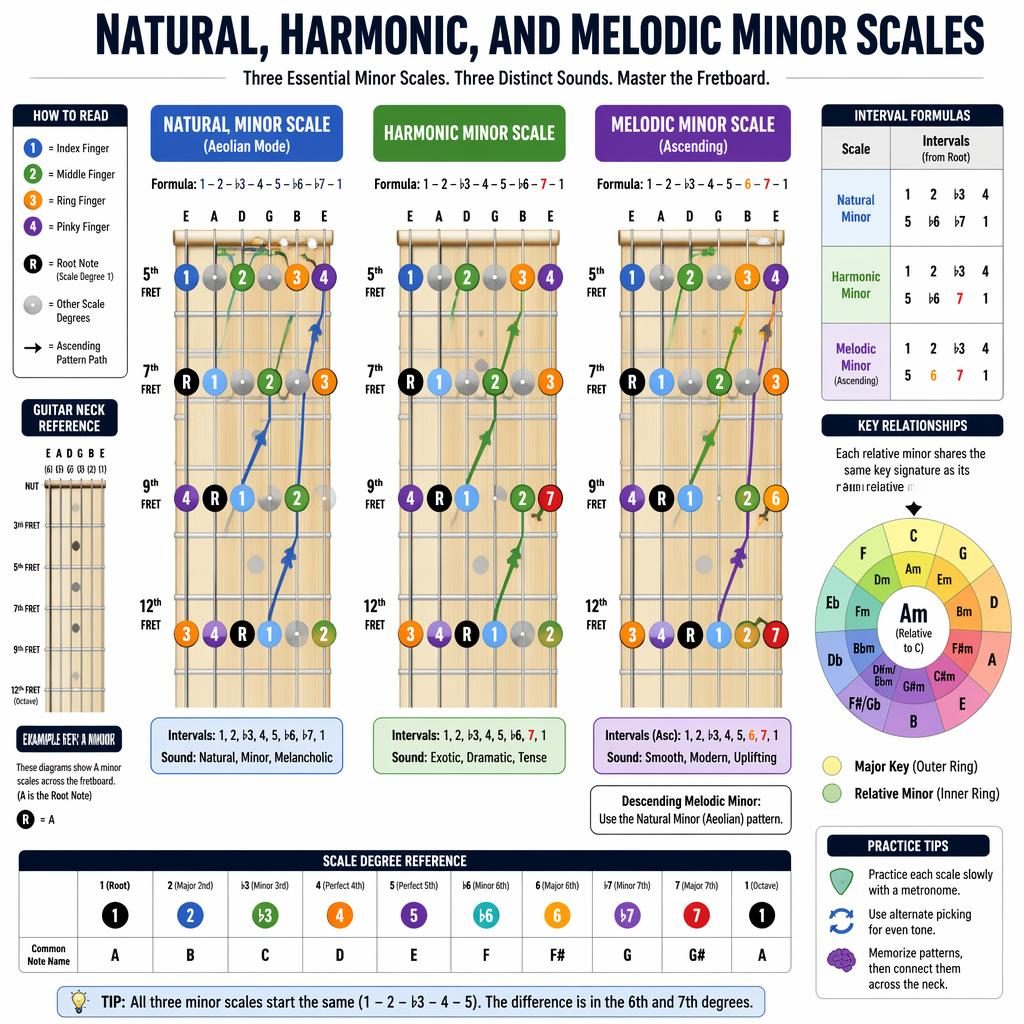 Vertical guitar fretboard infographic showing natural, harmonic, and melodic minor scale patterns with color dots.
