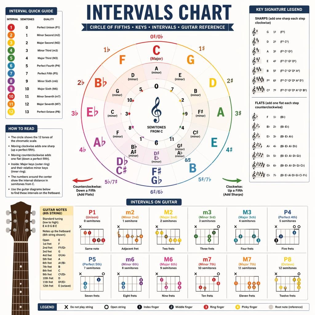 Music theory infographic with a 12-position circle of fifths, interval labels, relative minors, and guitar fretboard diagrams.
