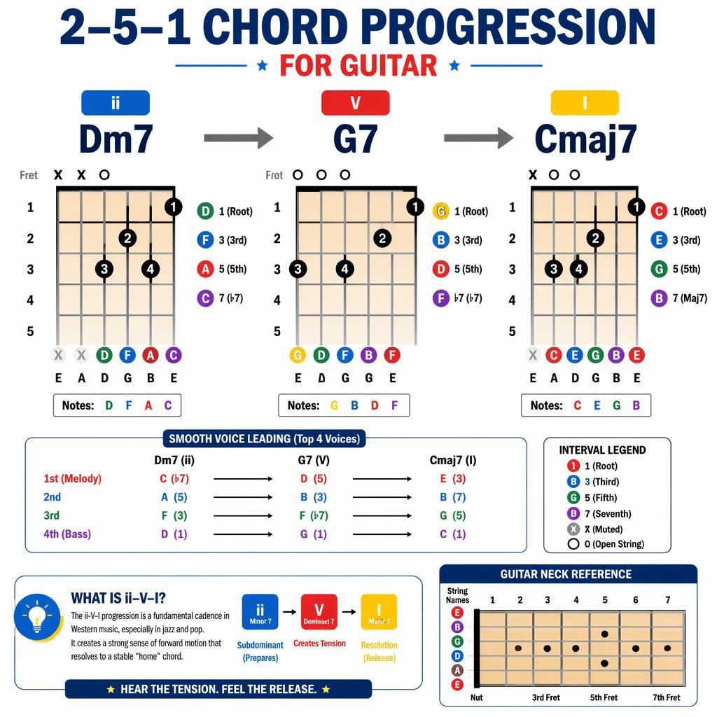 Music theory infographic with three guitar chord charts for Dm7, G7, and Cmaj7 in a 2–5–1 progression in C major.