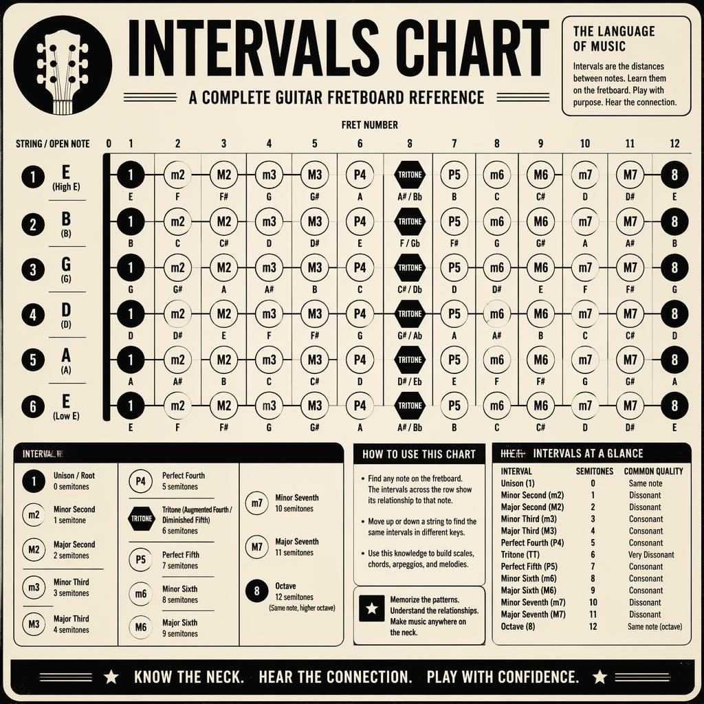 Infografía musical retro con diapasón de guitarra, intervalos etiquetados y marcadores claros en diseño monocromo.