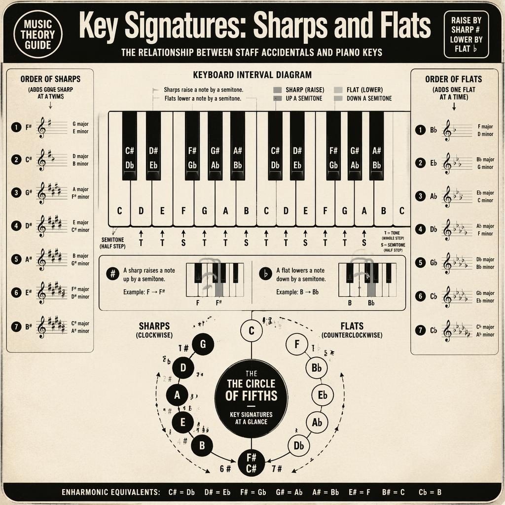 Retro music theory infographic with piano keyboard, treble and bass staffs, sharps, flats, and interval markers in monochrome.