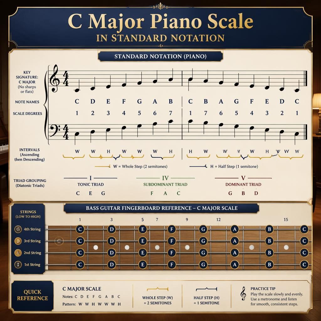 Music theory infographic poster showing C major piano scale in standard notation with interval guides and bass guitar reference.