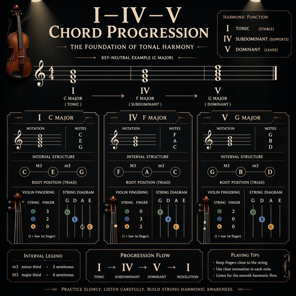 Dark mode violin music theory poster showing I–IV–V chord progression on treble staff with string diagrams and finger guides.
