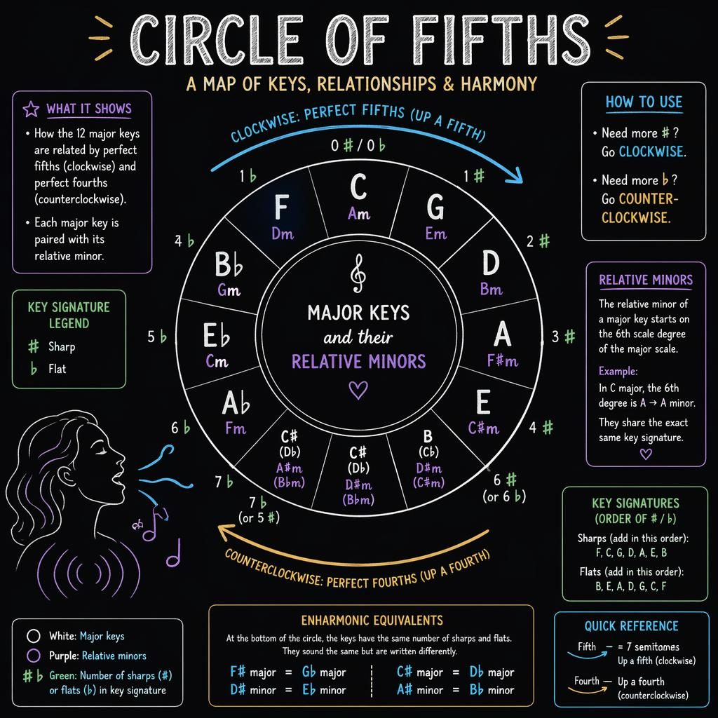 Präzise Quintenzirkel-Infografik als 12er-Ring mit Dur- und Molltonarten, Pfeilen, Vorzeichen und Kreide-Akzenten.