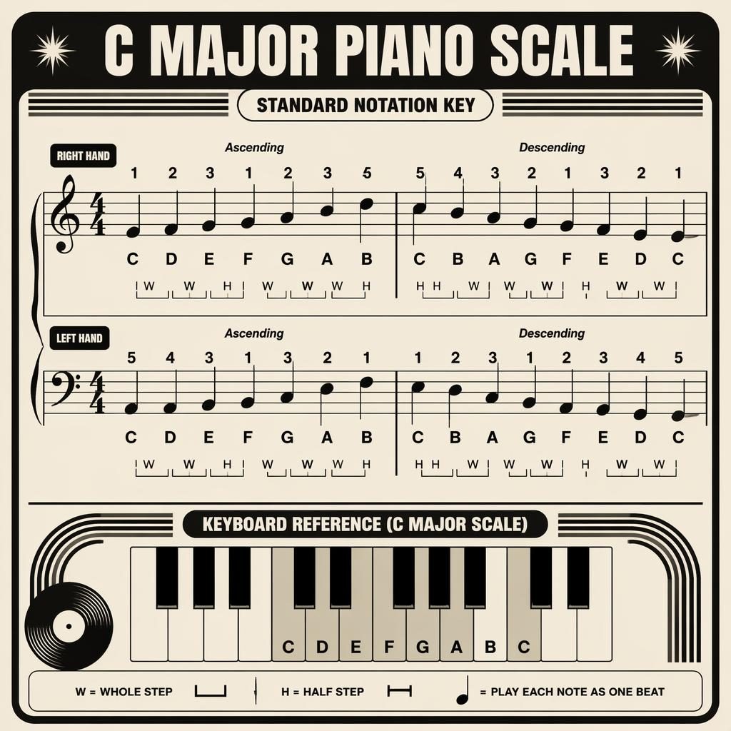 Póster educativo retro con pentagrama doble, escala de do mayor, digitación pianística e intervalos, más teclado inferior.