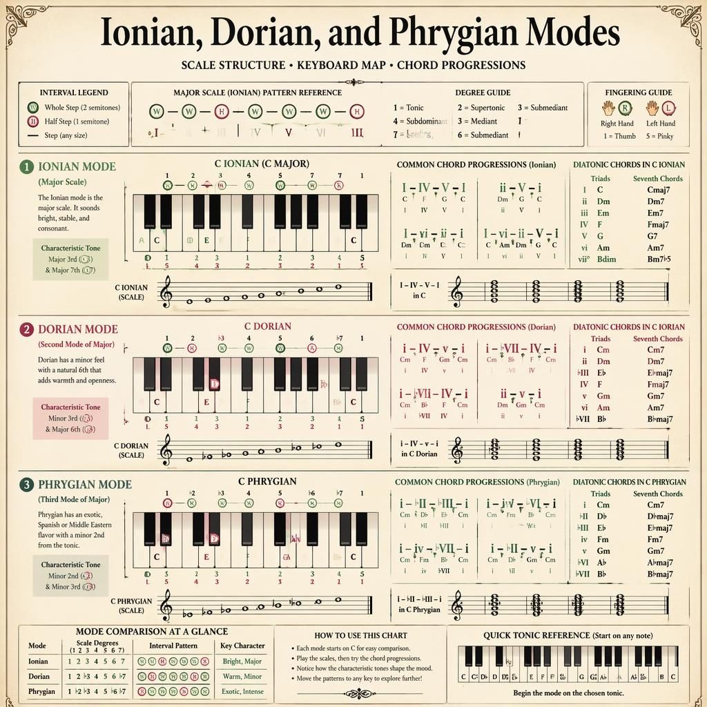 Vintage-style music theory infographic with piano keyboard diagrams for Ionian, Dorian, and Phrygian modes.