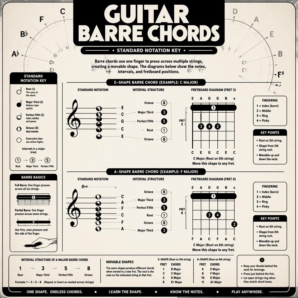 Retro monochrome music theory poster showing guitar barre chords on grand staff with noteheads, intervals, and fretboard diagrams.