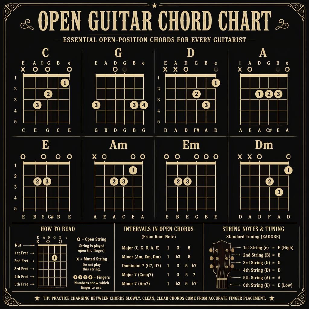 Dark mode vintage-style acoustic guitar chord chart showing open chords C, G, D, A, E, Am, Em, and Dm with finger positions.