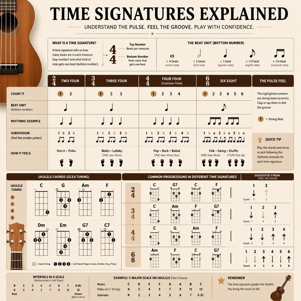 Modern ukulele theory infographic with chord boxes, rhythm bars, and pulse patterns for 2/4, 3/4, 4/4, and 6/8.
