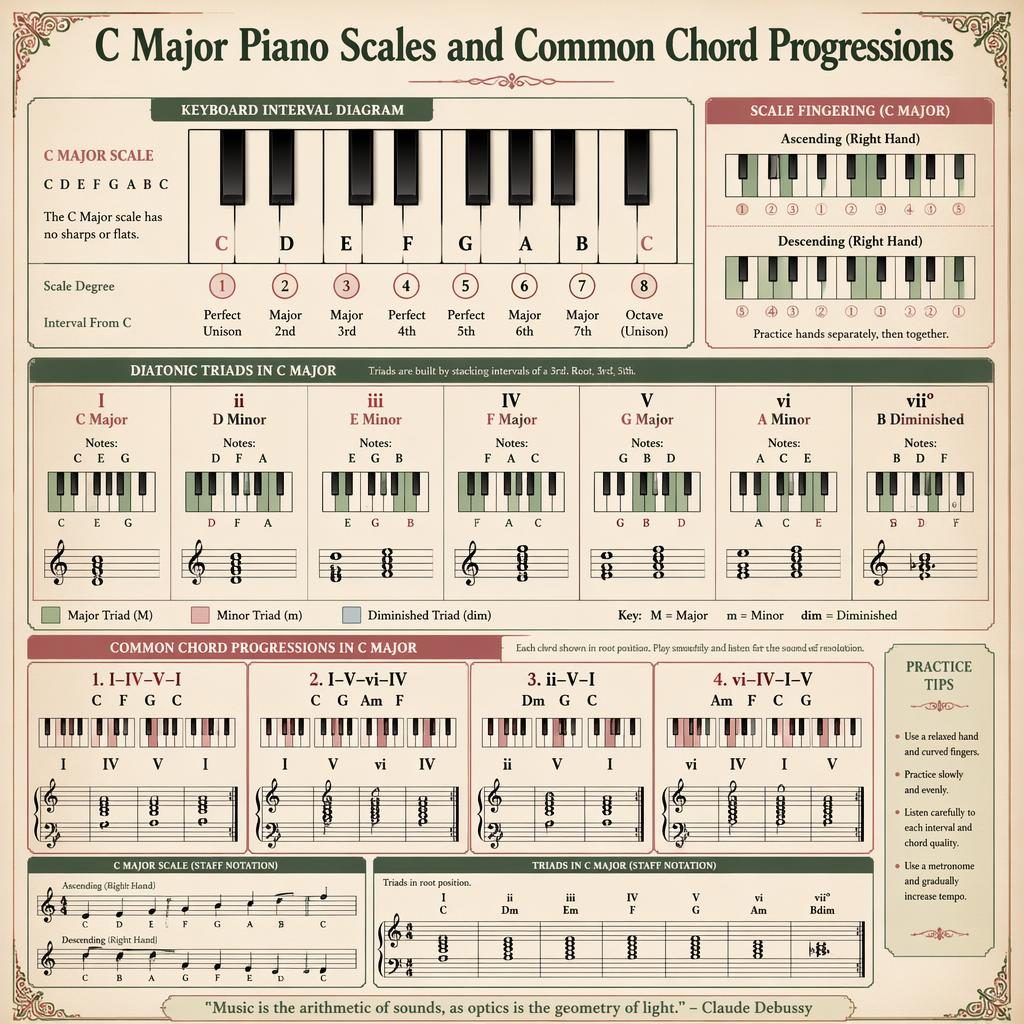 Vintage-style C major piano infographic with keyboard diagram, triads chart, chord progressions, staff notation, and fingering.