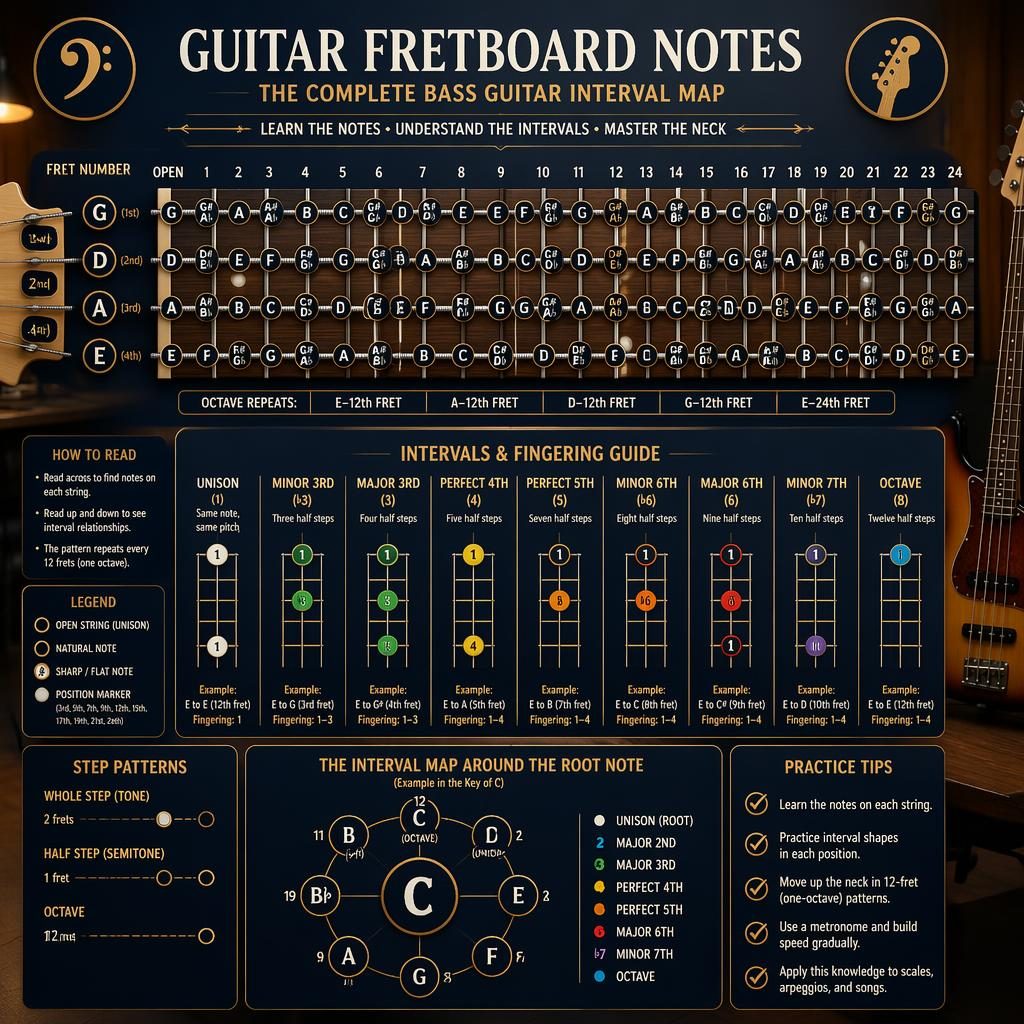 Bass guitar fretboard notes infographic with 4-string neck, interval chart, note labels, legends, and navy gold panels.