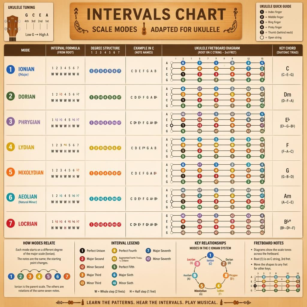 Educational ukulele modes poster with seven mode panels, fretboard diagrams, interval formulas, and chord buddy color chart.