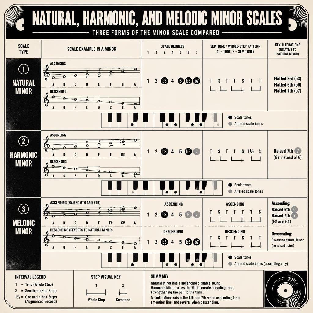 Retro monochrome music theory poster comparing natural, harmonic, and melodic minor scales with staff notation.