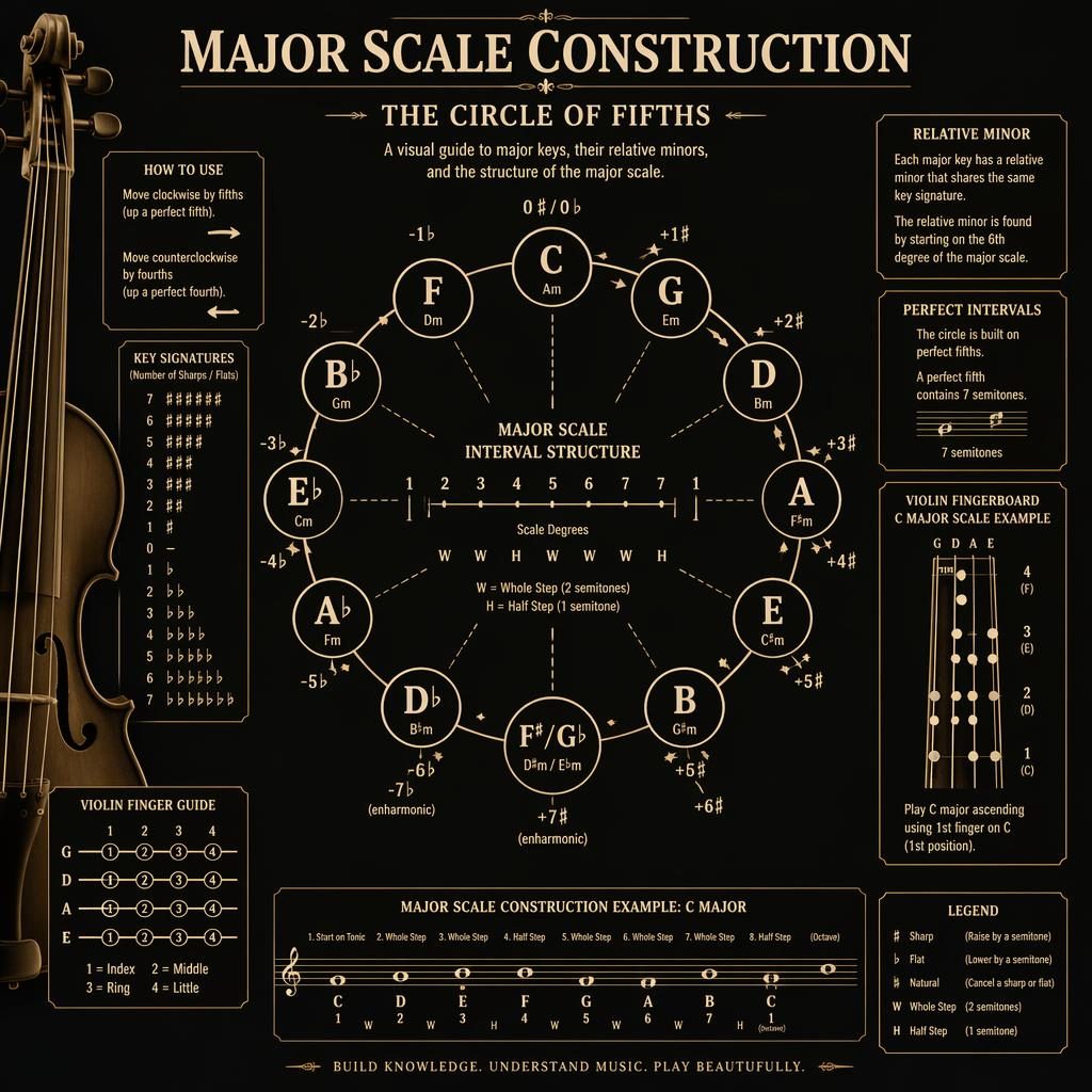 Dark mode music theory poster showing a 12-position ring of fifths with major keys, relative minors, intervals, and violin cues