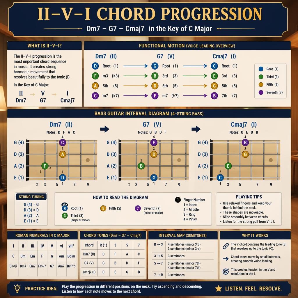 Bass guitar theory infographic with 4-string fretboard, Dm7–G7–Cmaj7 notes, intervals, finger positions, and voice-leading