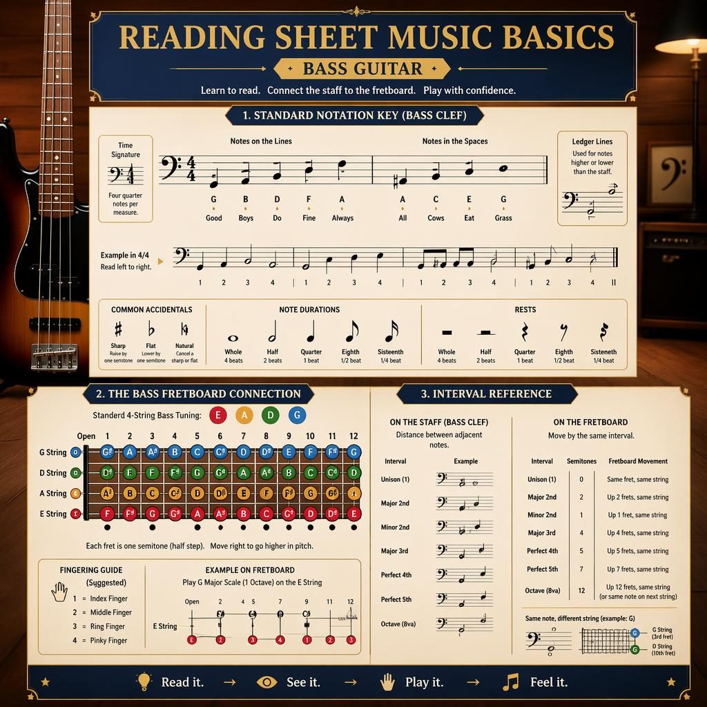 Music theory infographic poster with bass clef staff, note values, rests, accidentals, and bass guitar fretboard diagram.