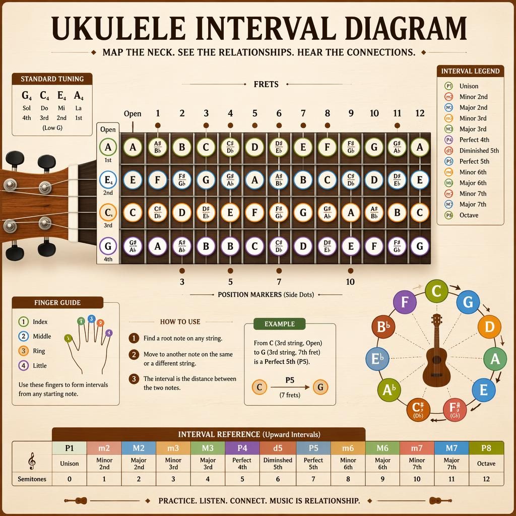Modern ukulele fretboard interval infographic with note names, finger positions, tuning, legend, and subtle cycle fifths layout.