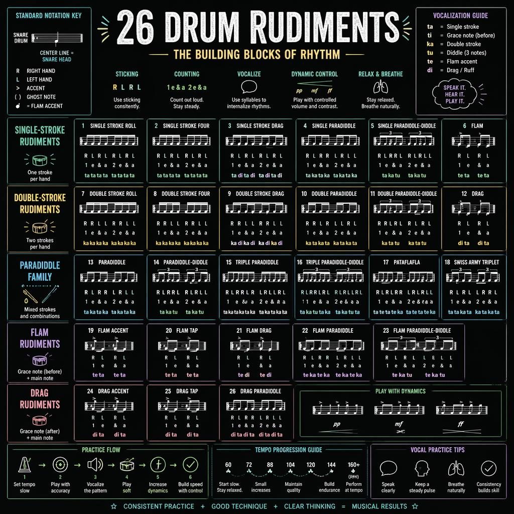 Dark-mode sketchnote infographic showing 26 drum rudiments in snare notation with sticking, accents, rolls, flams, drags, and vocal cues.