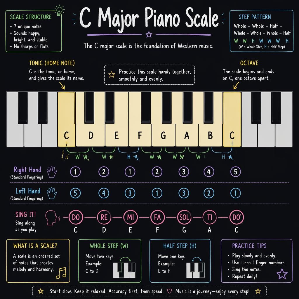Dark-mode C major piano scale infographic with labeled keys, interval markers, hand fingering, and voice overlay.