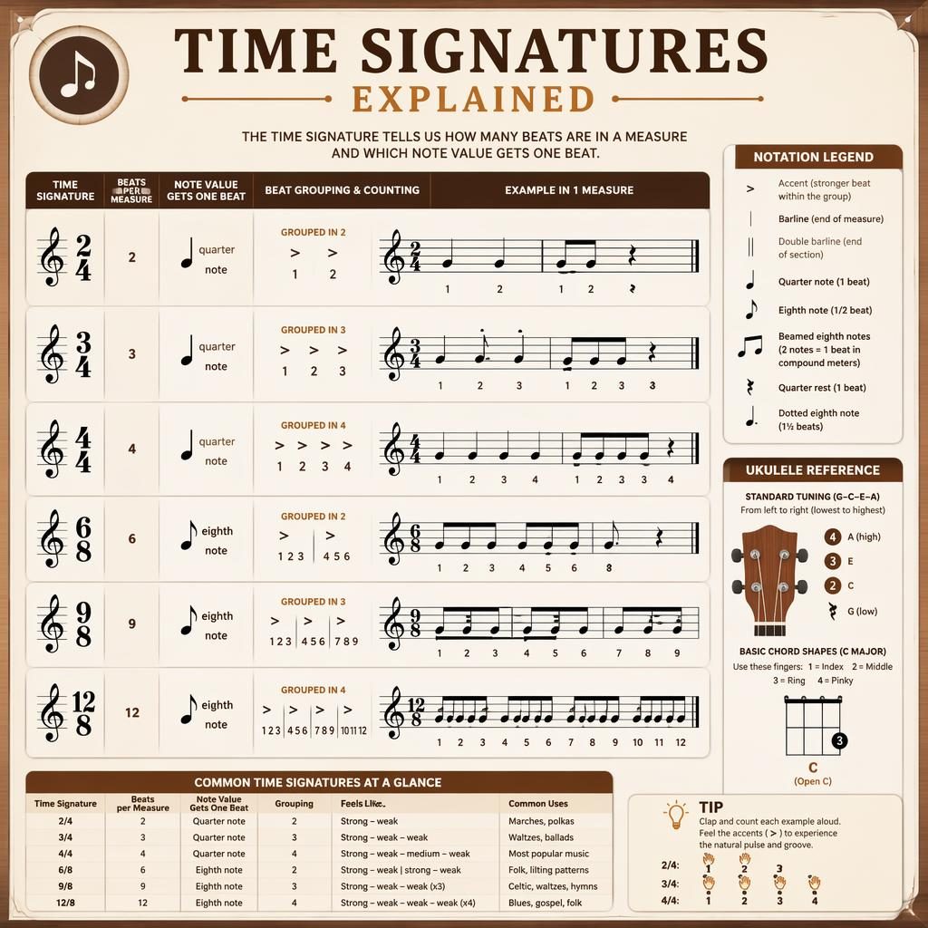 Music theory infographic with standard notation examples of 2/4, 3/4, 4/4, 6/8, 9/8, 12/8 and a small ukulele reference