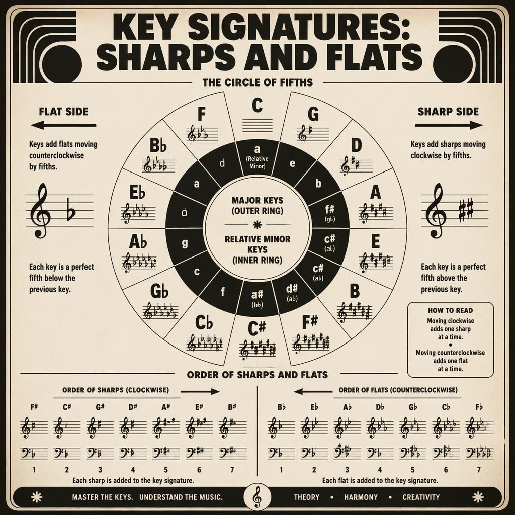 Retro monochrome music theory infographic with a 12-part circle of fifths, major and relative minor keys, sharps, flats, and staff notation.