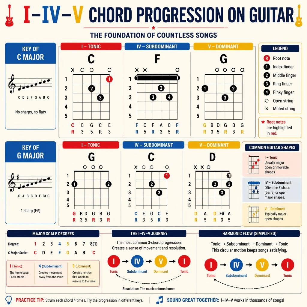 Póster educativo de guitarra con diagramas precisos de C, F y G como I, IV, V, más fila secundaria en Sol mayor.