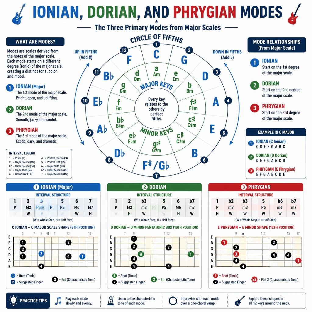 Musiktheorie-Poster mit Quintenschlüssel, Modi Ionian, Dorian und Phrygian sowie Gitarren-Griffbrettdiagrammen.