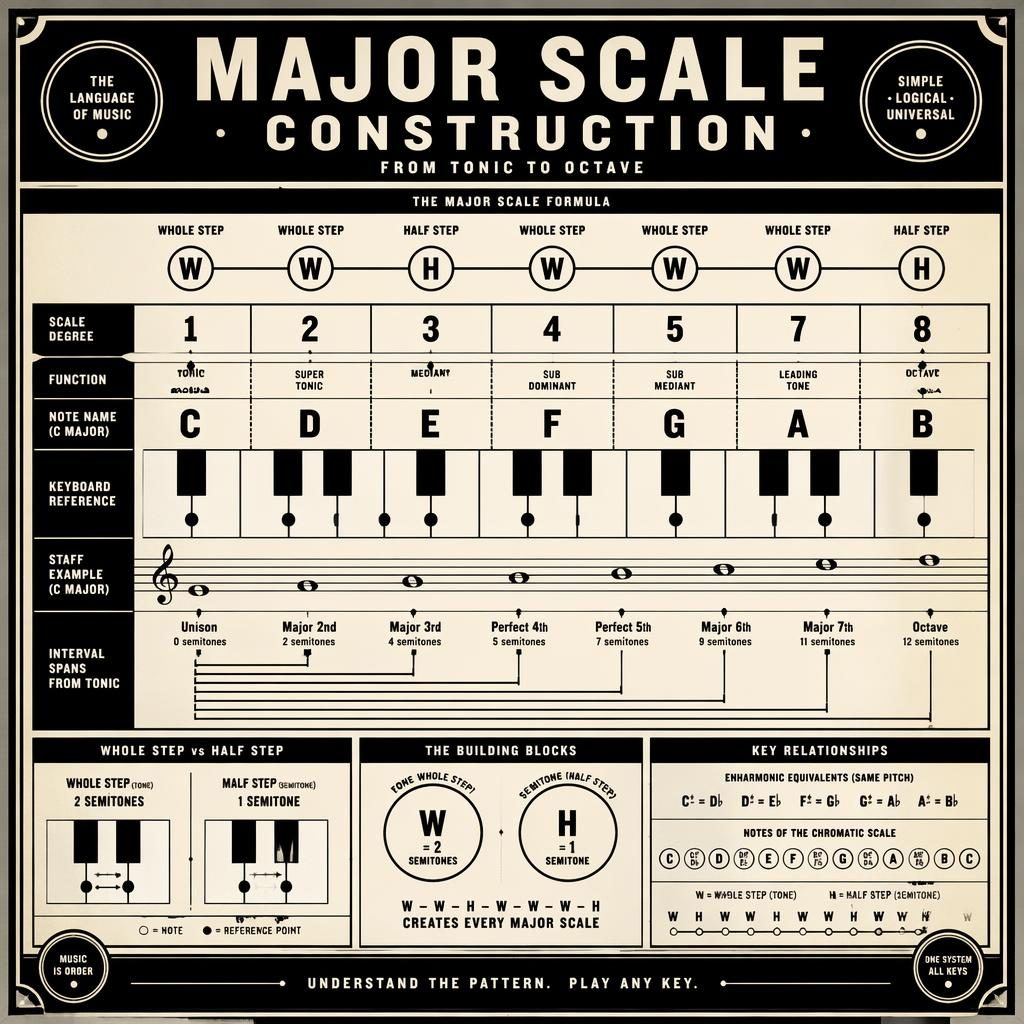 Retro monochrome music theory infographic showing major scale construction with W-W-H-W-W-W-H, piano keys and staff cues.