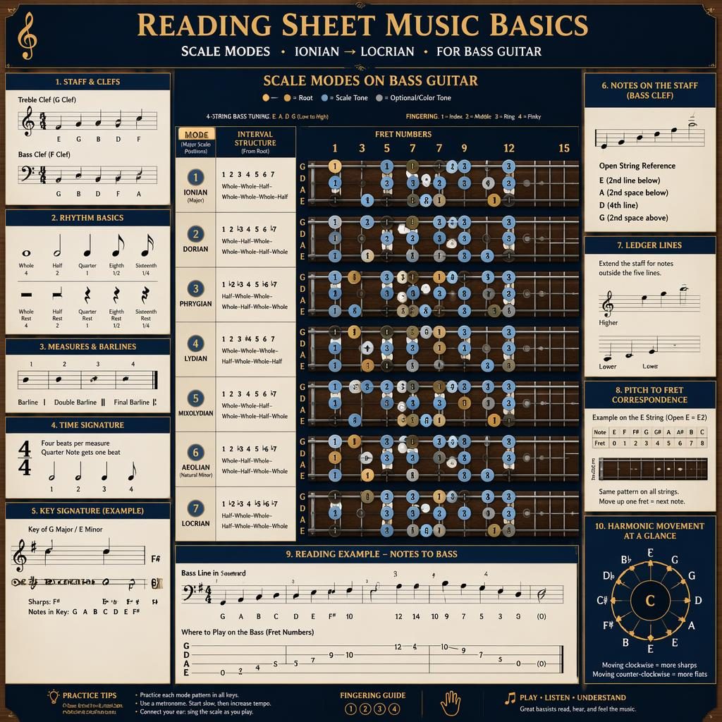Music theory infographic with 4-string bass fretboard, staff notation basics, mode panels Ionian to Locrian, navy and gold.
