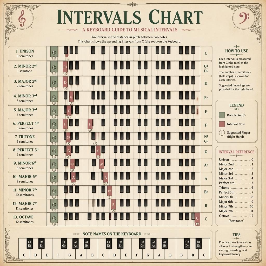 Vintage-style music theory infographic showing a top-down piano keyboard with labeled intervals from one root note.