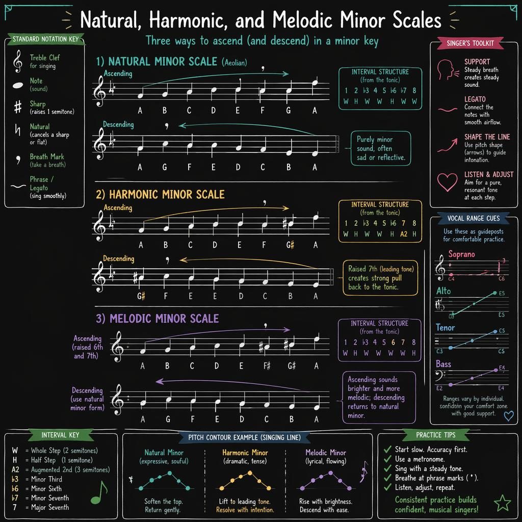 Dark-mode sketchnote infographic comparing natural, harmonic, and melodic minor scales on treble staff notation.