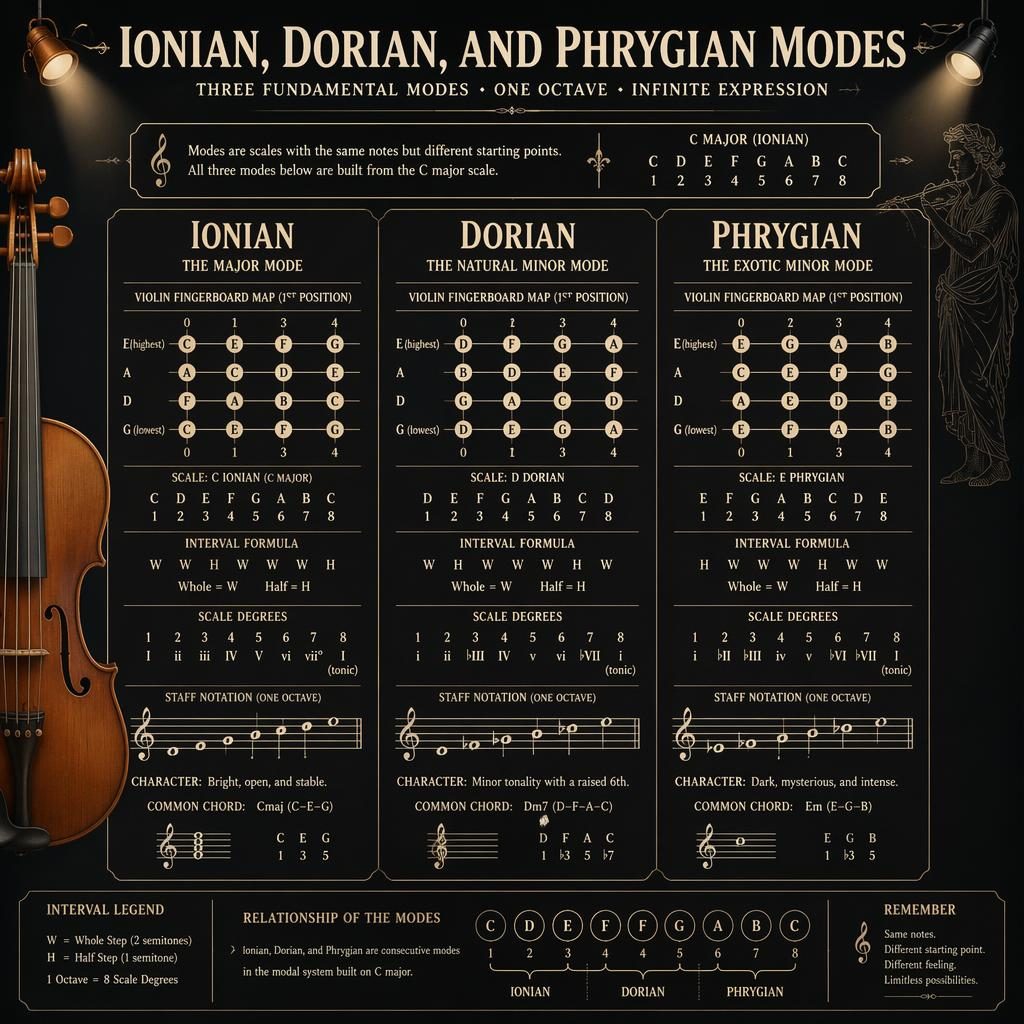Dark mode music theory infographic with three panels for Ionian, Dorian, and Phrygian violin fingerboard maps and staff notation.