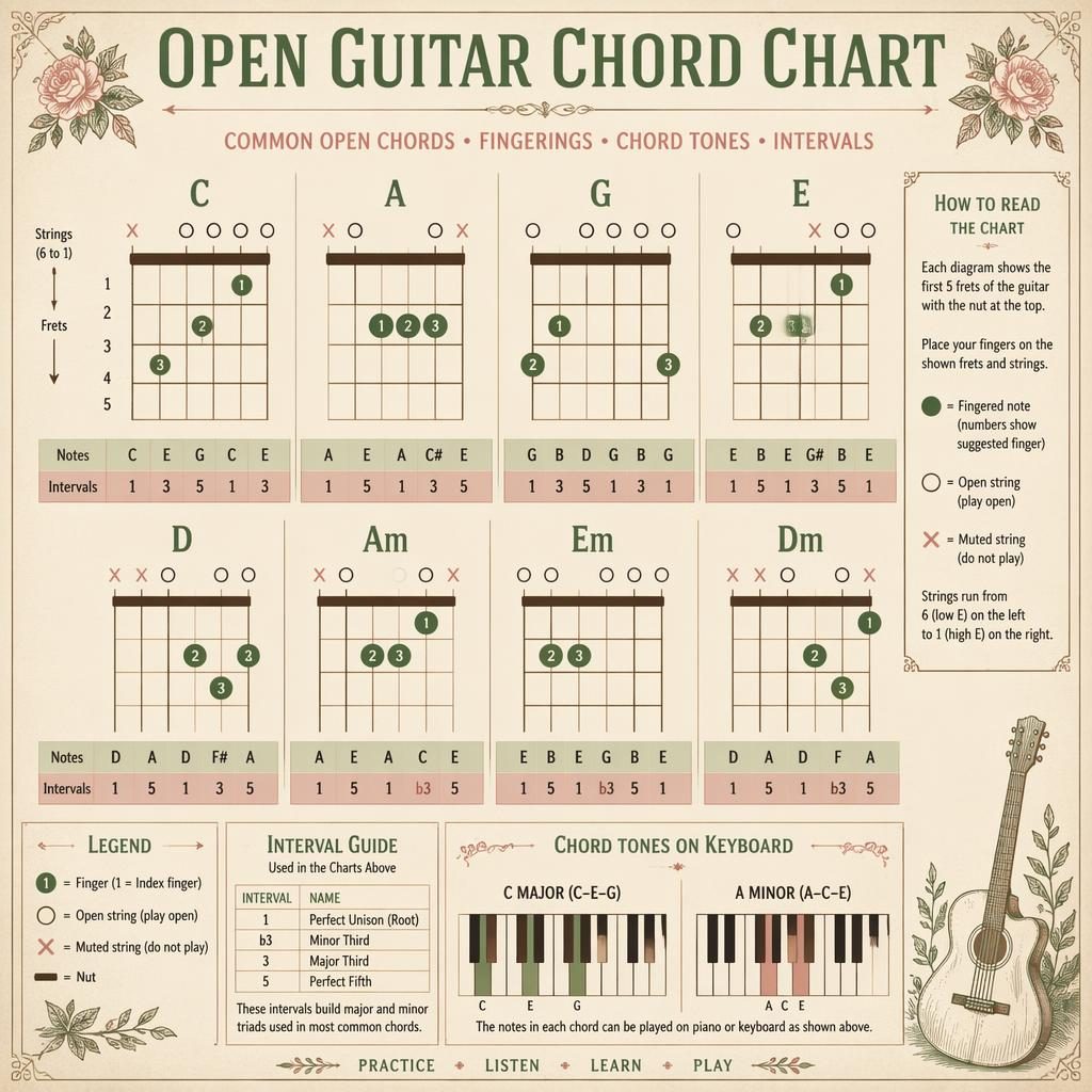 Vintage-style open guitar chord chart infographic with C, A, G, E, D, Am, Em, and Dm fretboard diagrams.