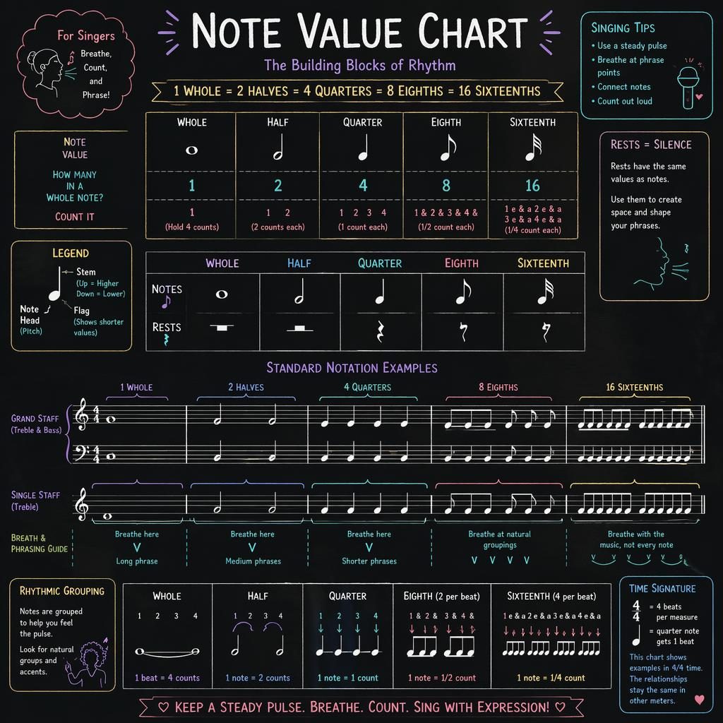 Dark mode sketchnote infographic showing a note value chart with grand staff, rests, beams, ties, dotted notes, and singing icons.
