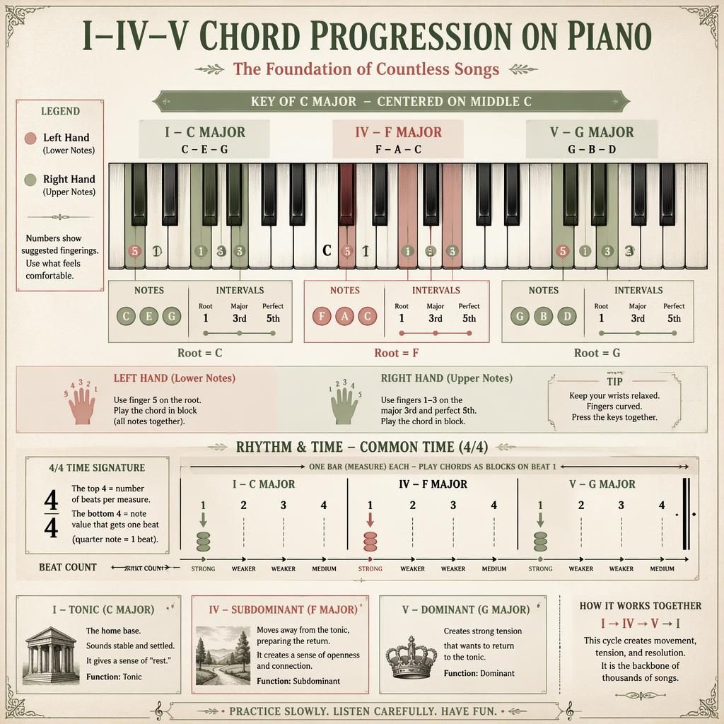 Vintage-style piano infographic centered on C showing I, IV, V triads, fingerings, interval labels, and 4/4 rhythm chart.