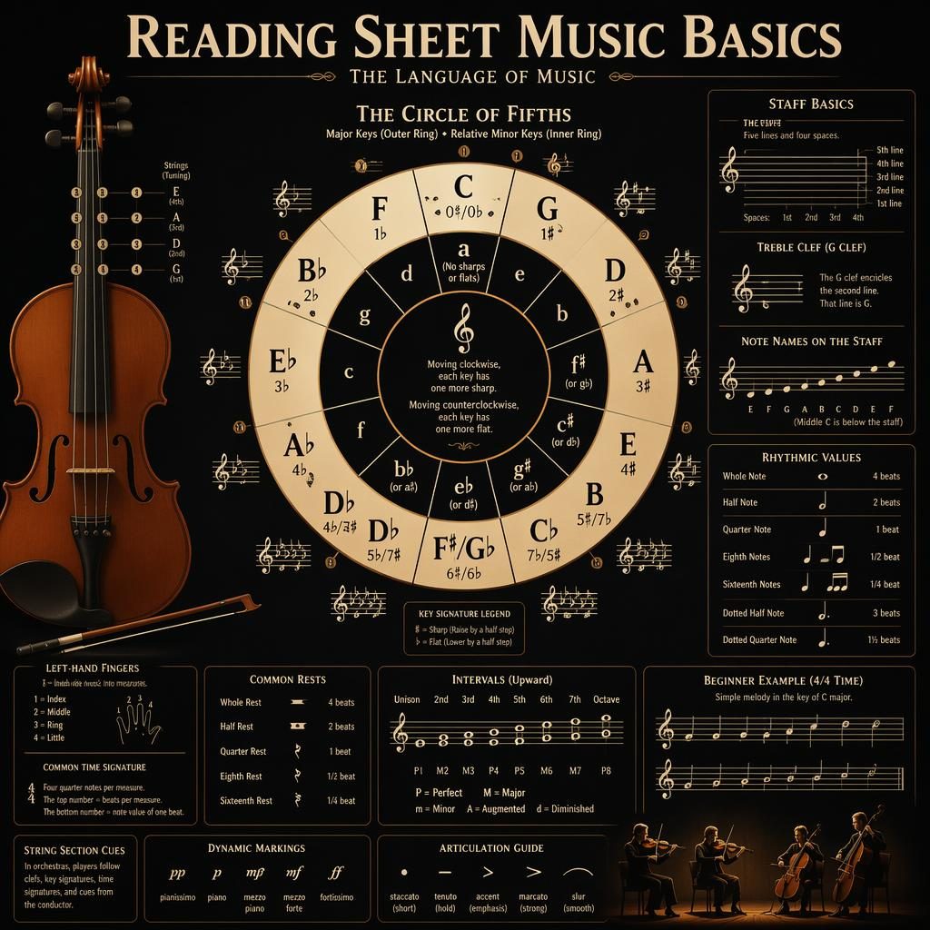 Dark mode music theory infographic with circle of fifths, violin details, staff notation examples, and vintage cream layout.