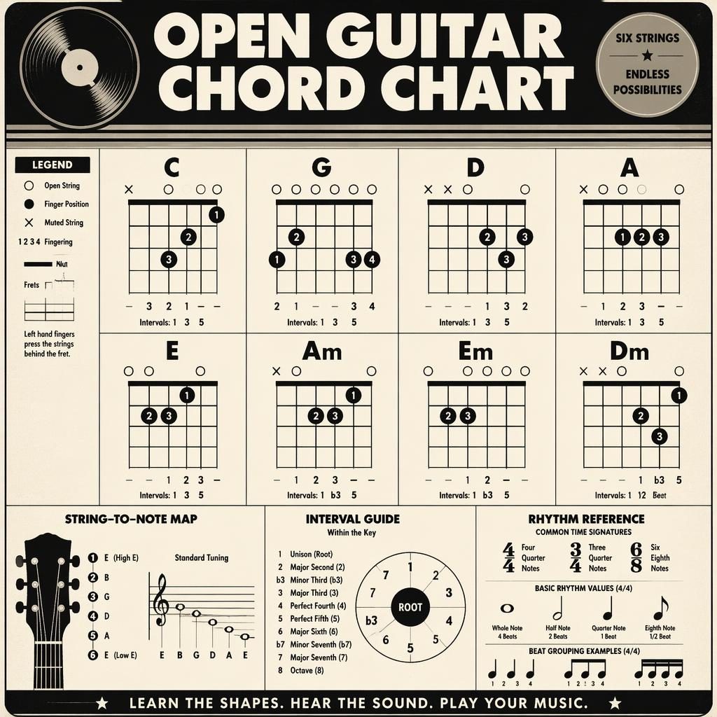 Monochrome retro infographic poster showing open guitar chord fretboard diagrams for C, G, D, A, E, Am, Em, and Dm.