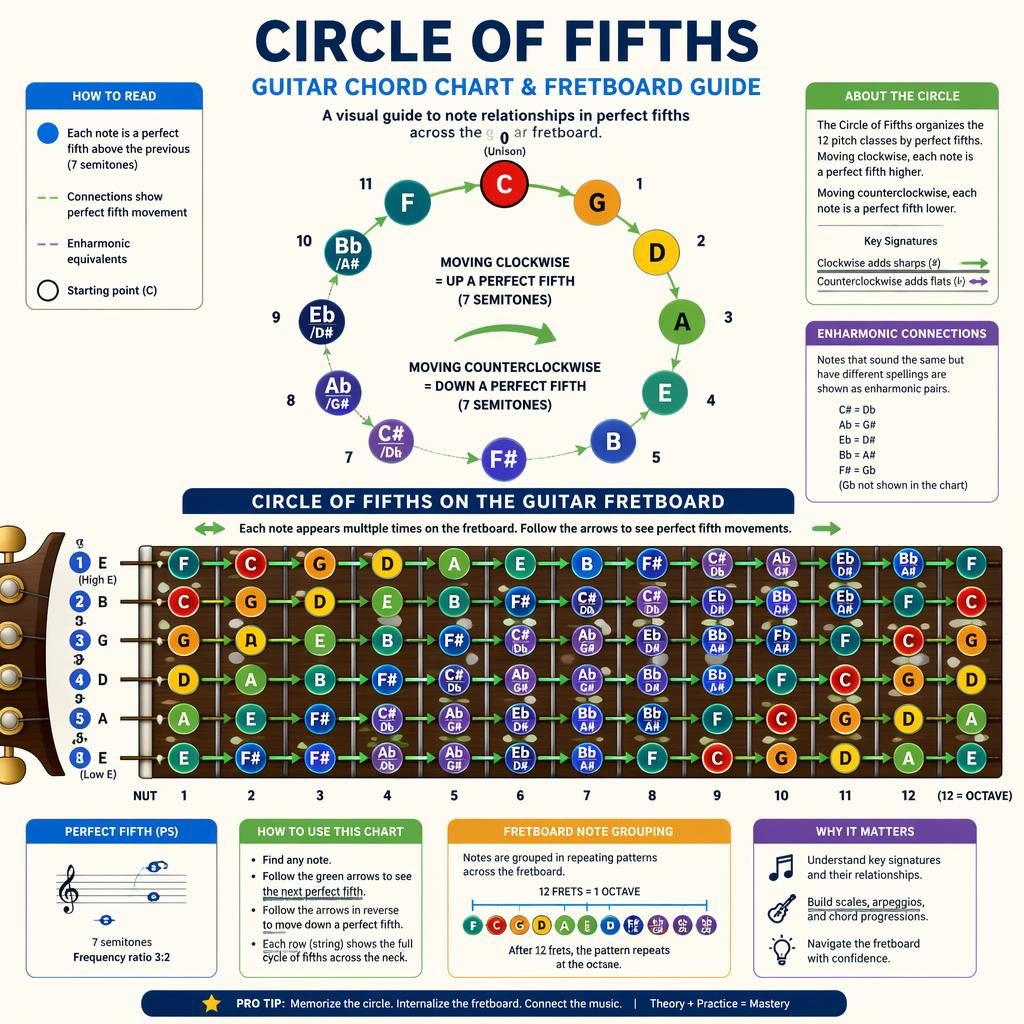 Circle of fifths music theory infographic on a 6-string guitar fretboard with note dots, fret markers, and fifth links.