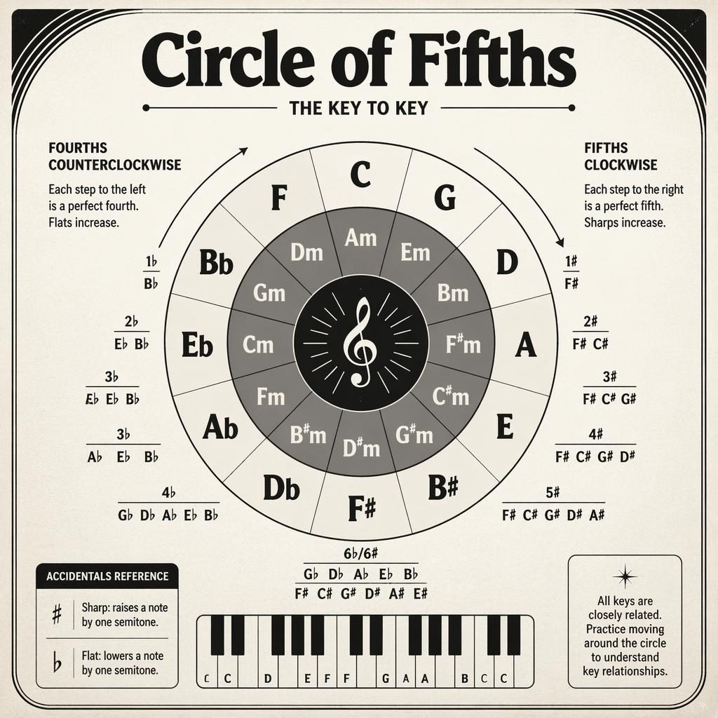 Retro monochrome Circle of Fifths poster with 12 key positions, relative minors, arrows, captions, and small keyboard strip.