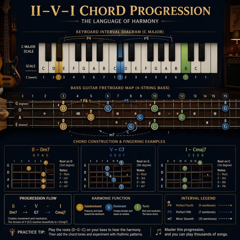 Music theory infographic with piano interval strip and 4-string bass fretboard showing ii–V–I in C major: Dm7, G7, Cmaj7.