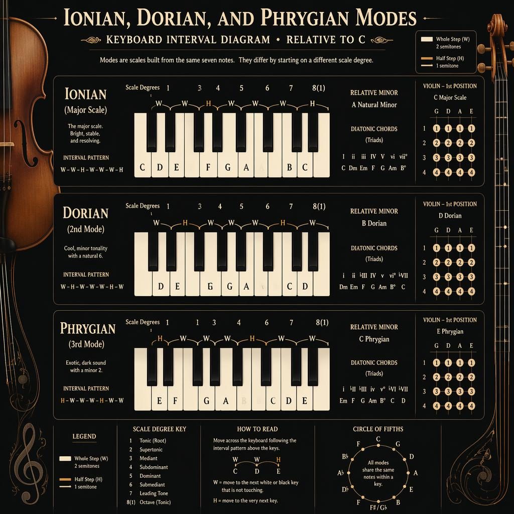 Dark editorial poster with a piano keyboard diagram showing Ionian, Dorian, and Phrygian intervals in cream.