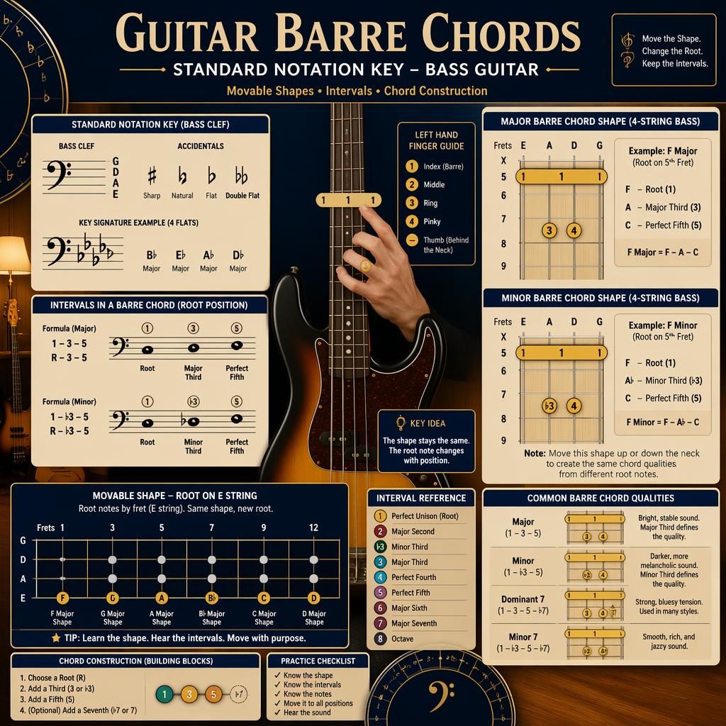Editorial music theory poster showing bass guitar barre chord shapes, staff notation, interval markers, and warm navy-gold layout