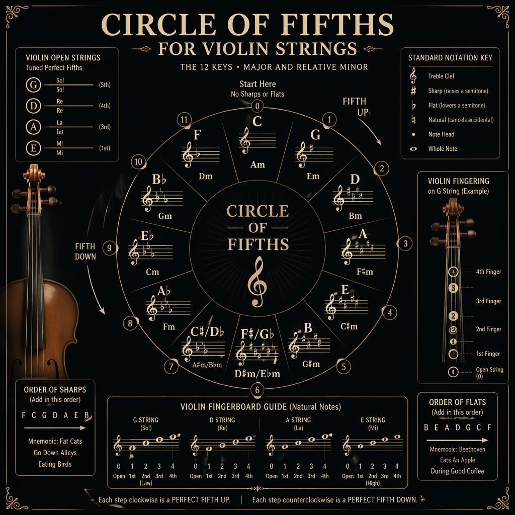 Dark mode music theory infographic poster showing a violin circle of fifths, treble staff, key signatures, and open strings G D A E.