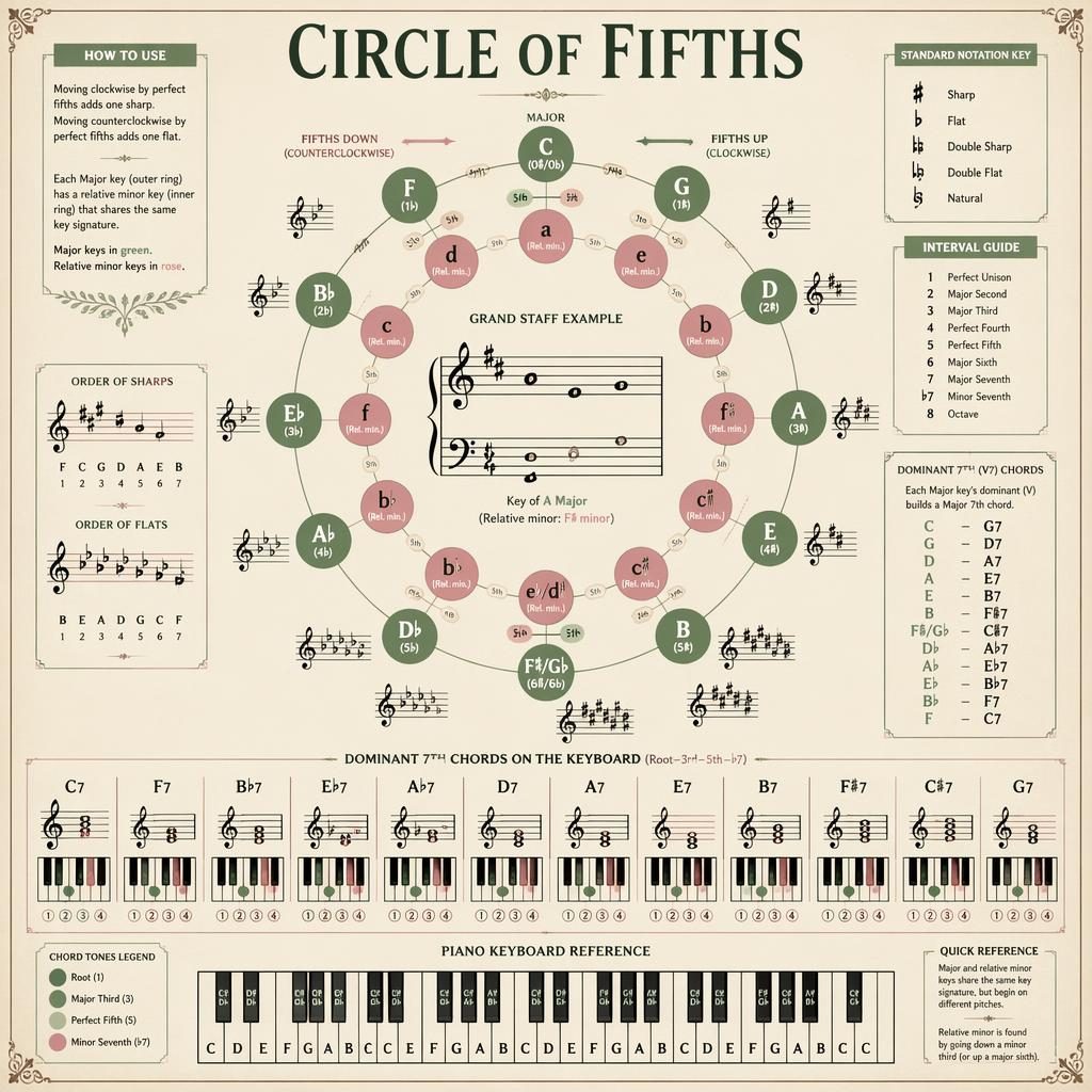 Vintage music theory infographic with circle of fifths, grand staff, key signatures, piano keyboard, and dominant 7th chords.