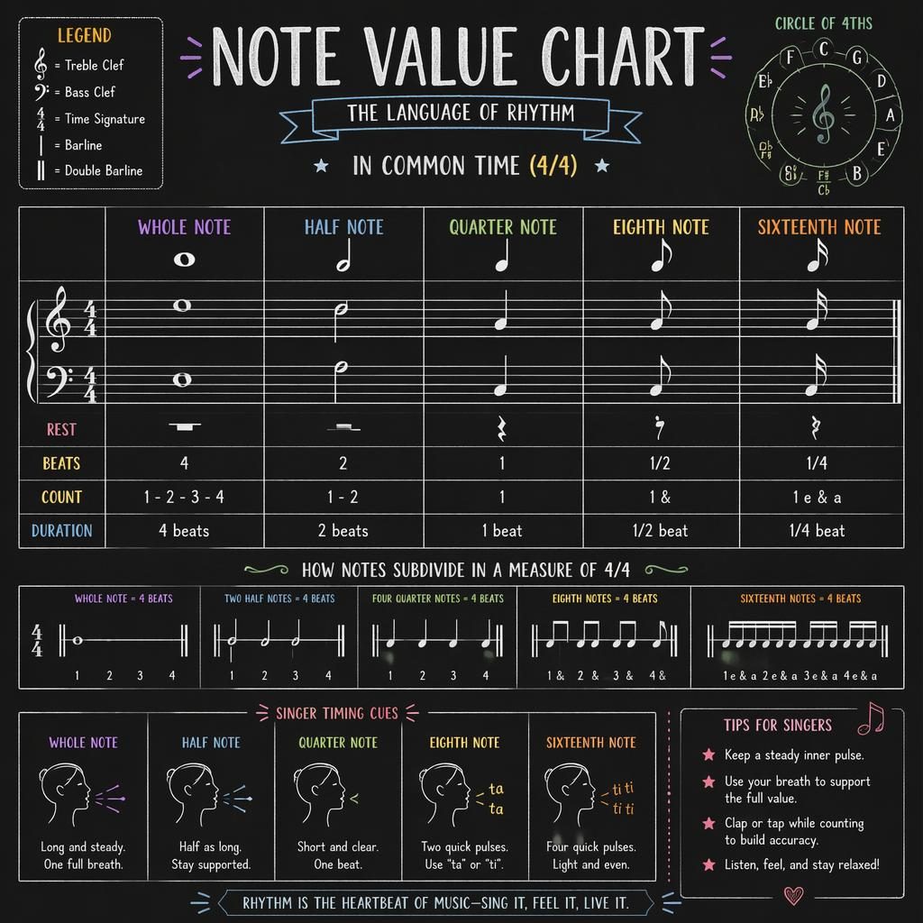 Dark-mode music theory infographic showing a grand staff note value chart with rests, beat groupings, and a small circle of 4ths chart.