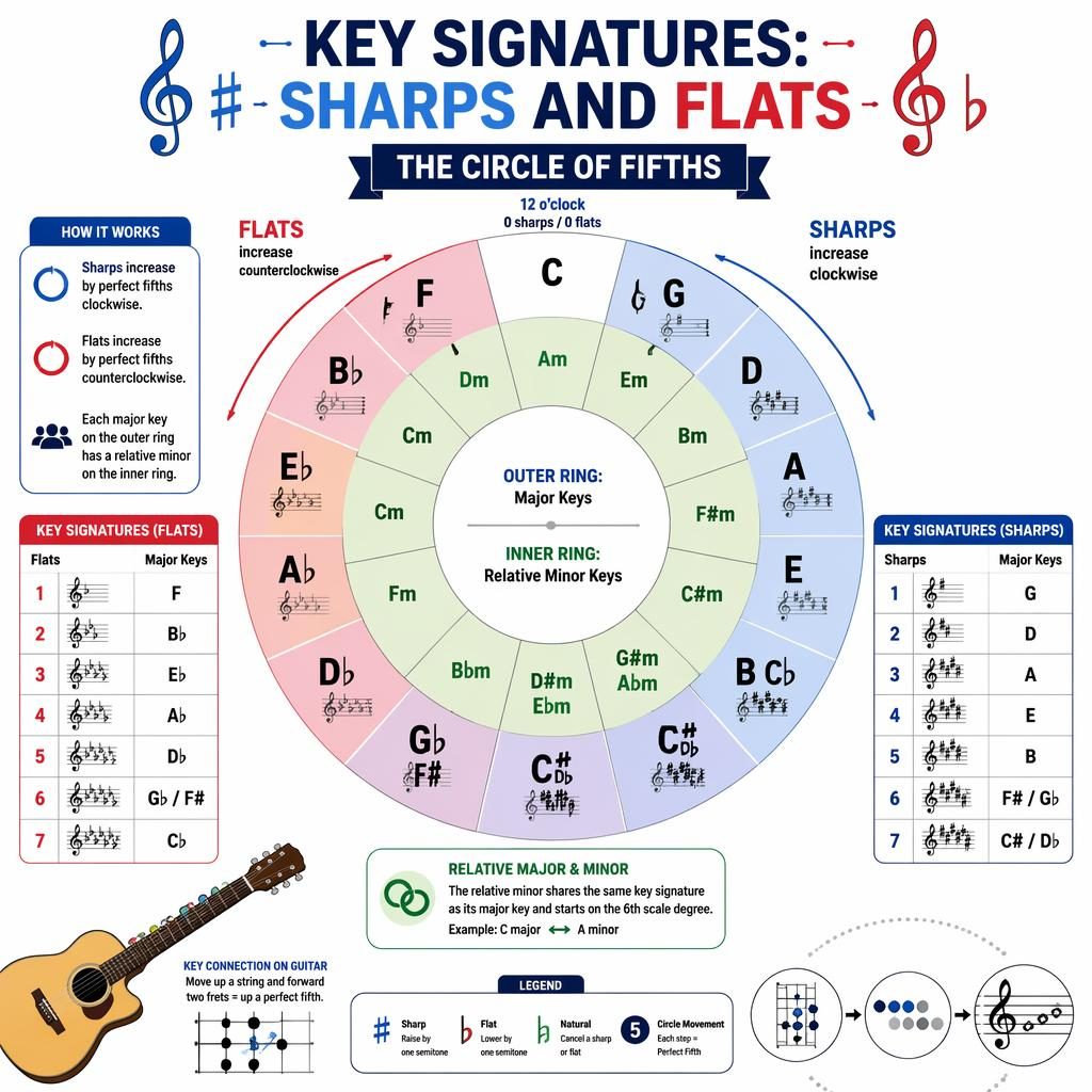 Music theory infographic with a 12-position circle of fifths, major and relative minor keys, sharp and flat progressions, and guitar motif.