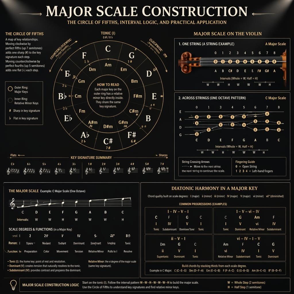 Dark music theory infographic with a circle of 5ths, violin scale panel, chord progressions, and staff notation.
