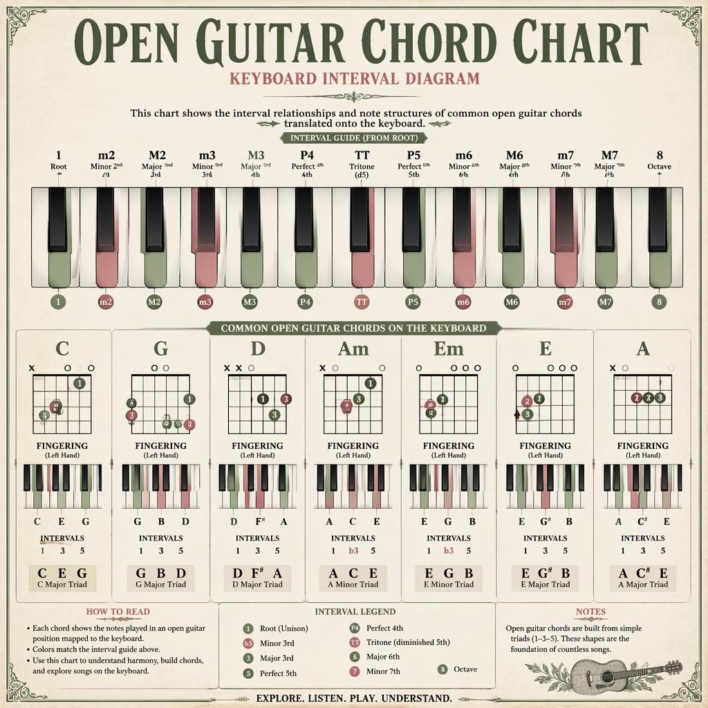 Vintage-style keyboard interval infographic mapping open guitar chord patterns with note groups, fingerings, and labels.